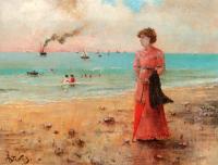 Stevens, Alfred - Jeune femme a l'ombrelle rouge au bord de la mer